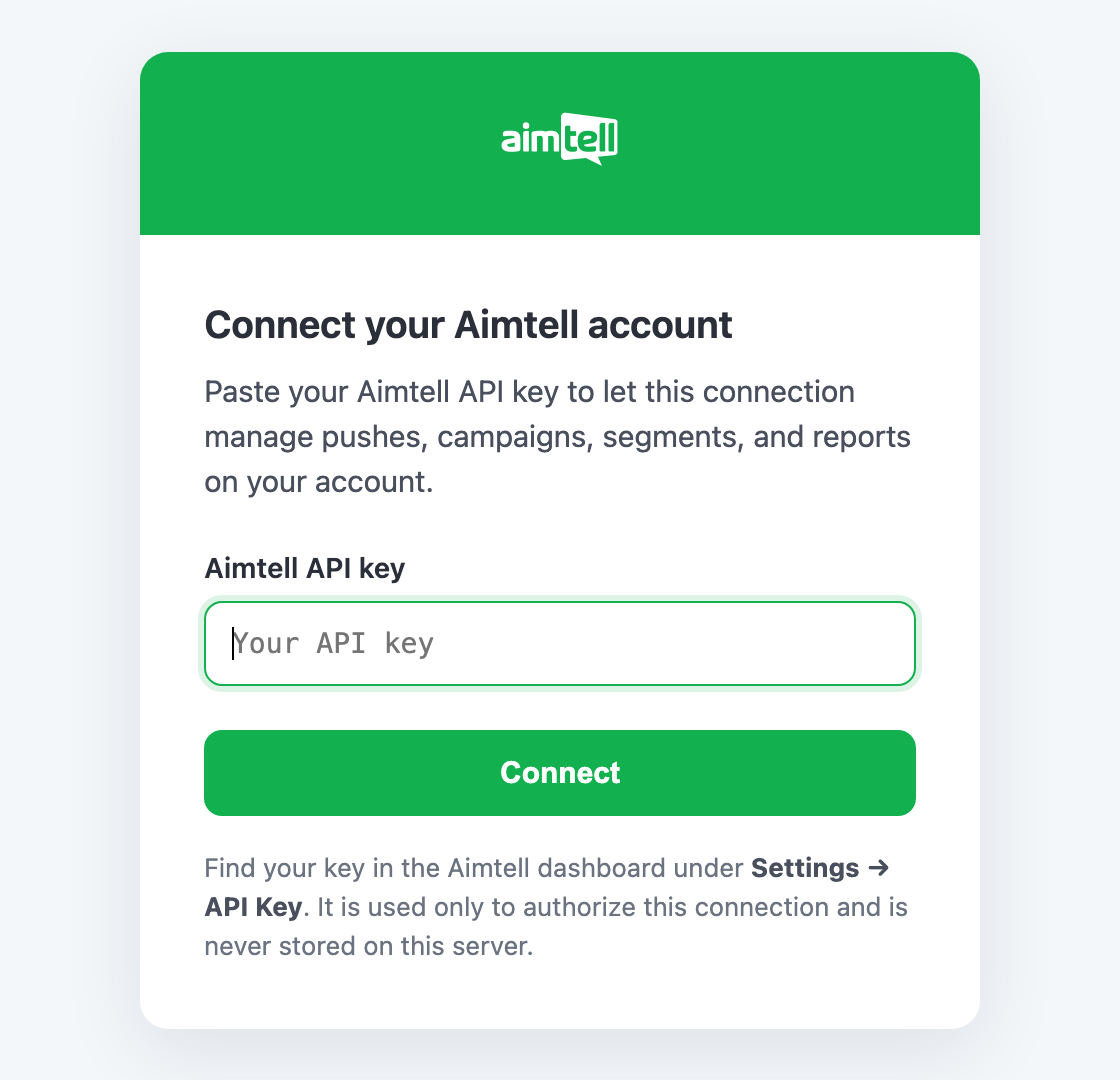The Connect your Aimtell account page, with a field for your Aimtell API key and a Connect button