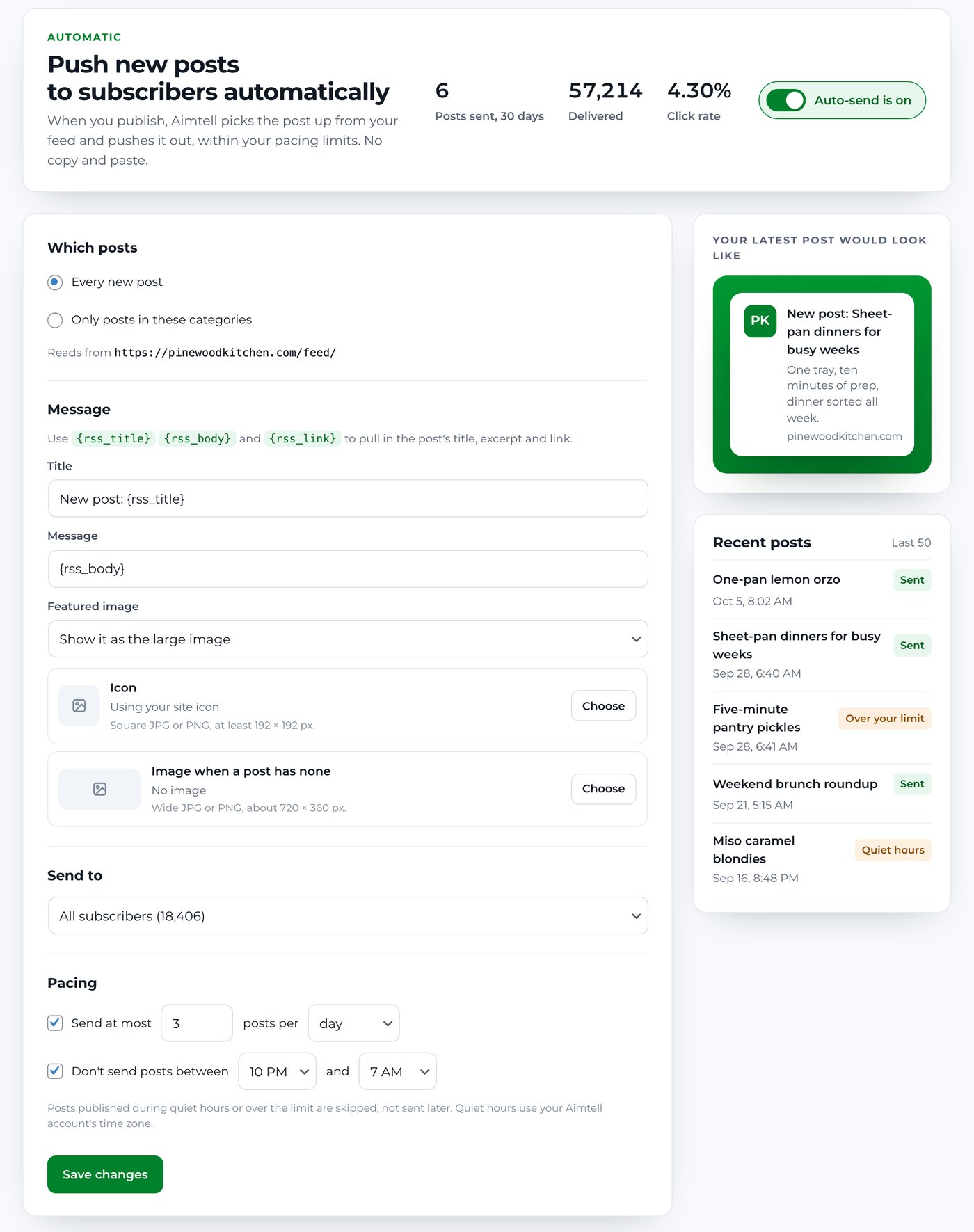 The Blog posts screen with auto-send switched on, message templates, pacing and quiet hours, a preview of the latest post and a list of recent posts with their status