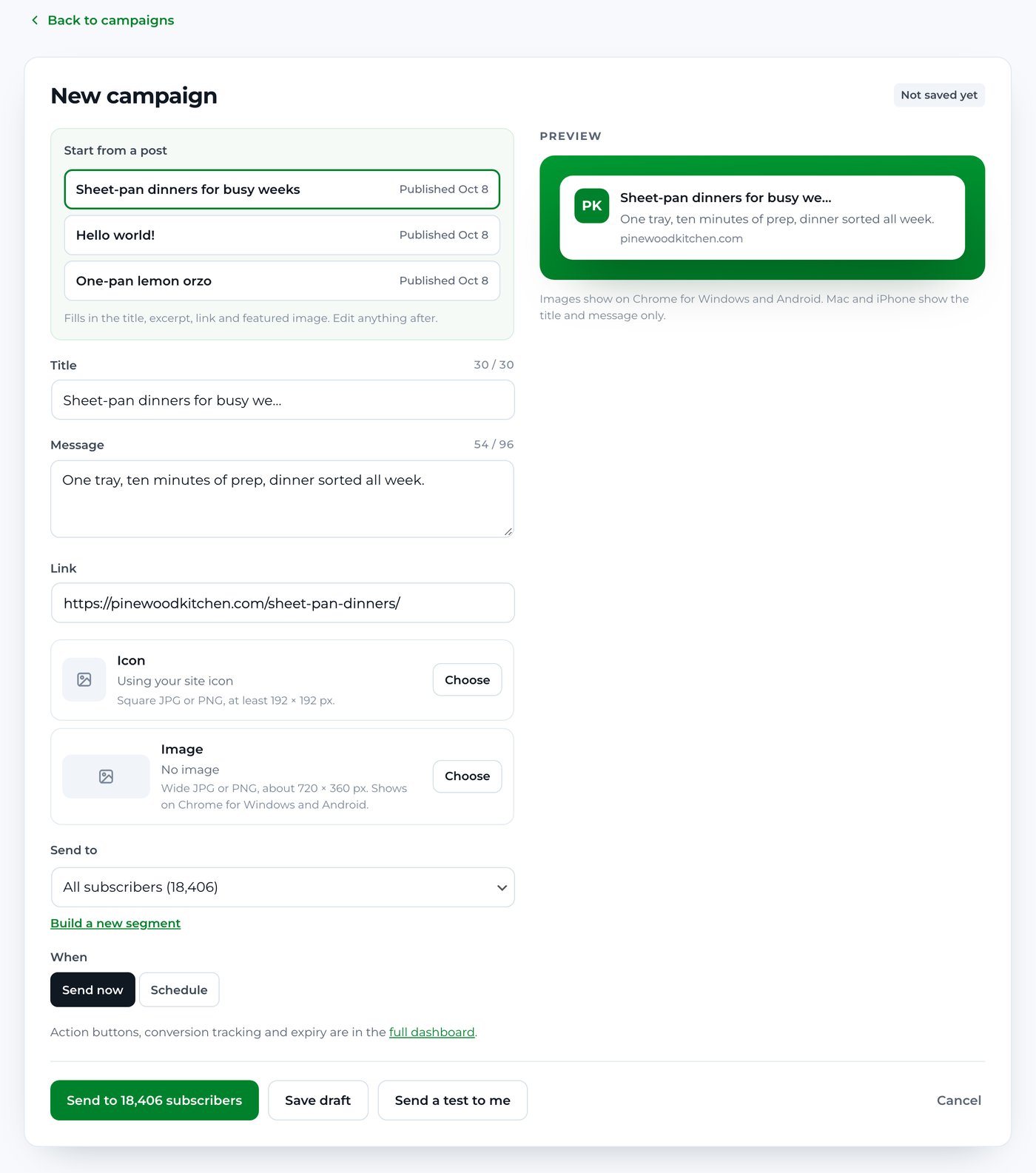 The new campaign composer, started from a recent post, with a live notification preview beside the title, message, link and image fields
