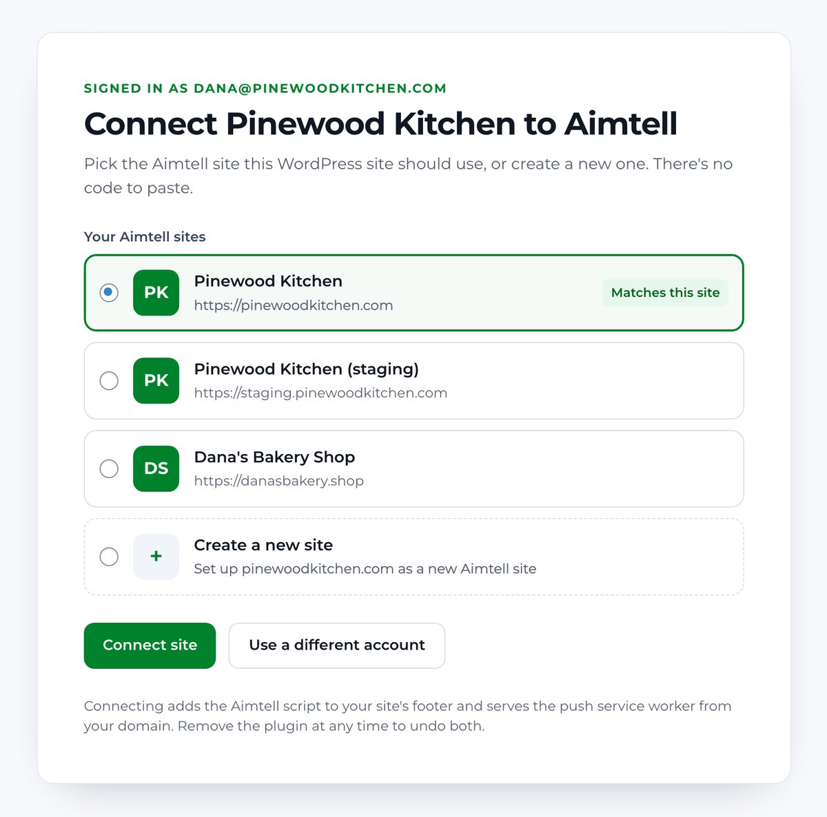 The Connect screen listing the account's Aimtell sites, with the site matching this WordPress address pre-selected