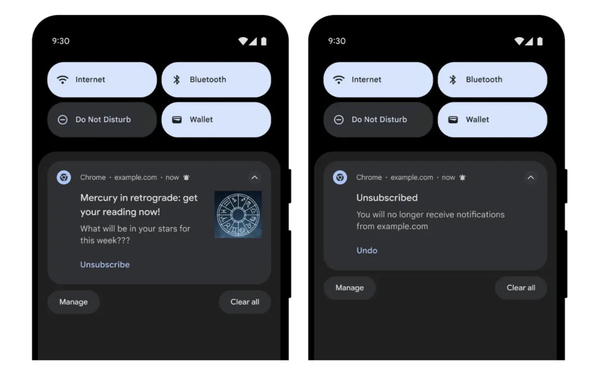 Chrome one tap unsubscribe on an Android notification