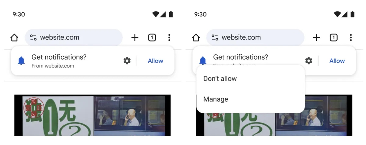 Chrome Android notification permission prompt with a Don’t allow option