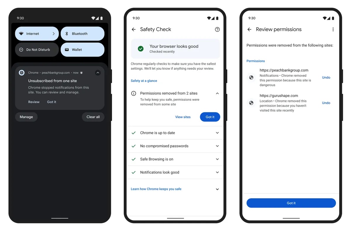 Chrome Safety Check showing notification permissions removed from sites