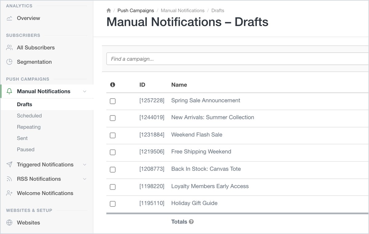 The Aimtell sidebar with Manual Notifications expanded, showing Drafts, Scheduled, Repeating, Sent and Paused, beside the filtered drafts list